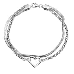 Pulsera Doble Cadenas Panza de Vibora y Eslabones con Dije Silueta de Corazon  Plata .925