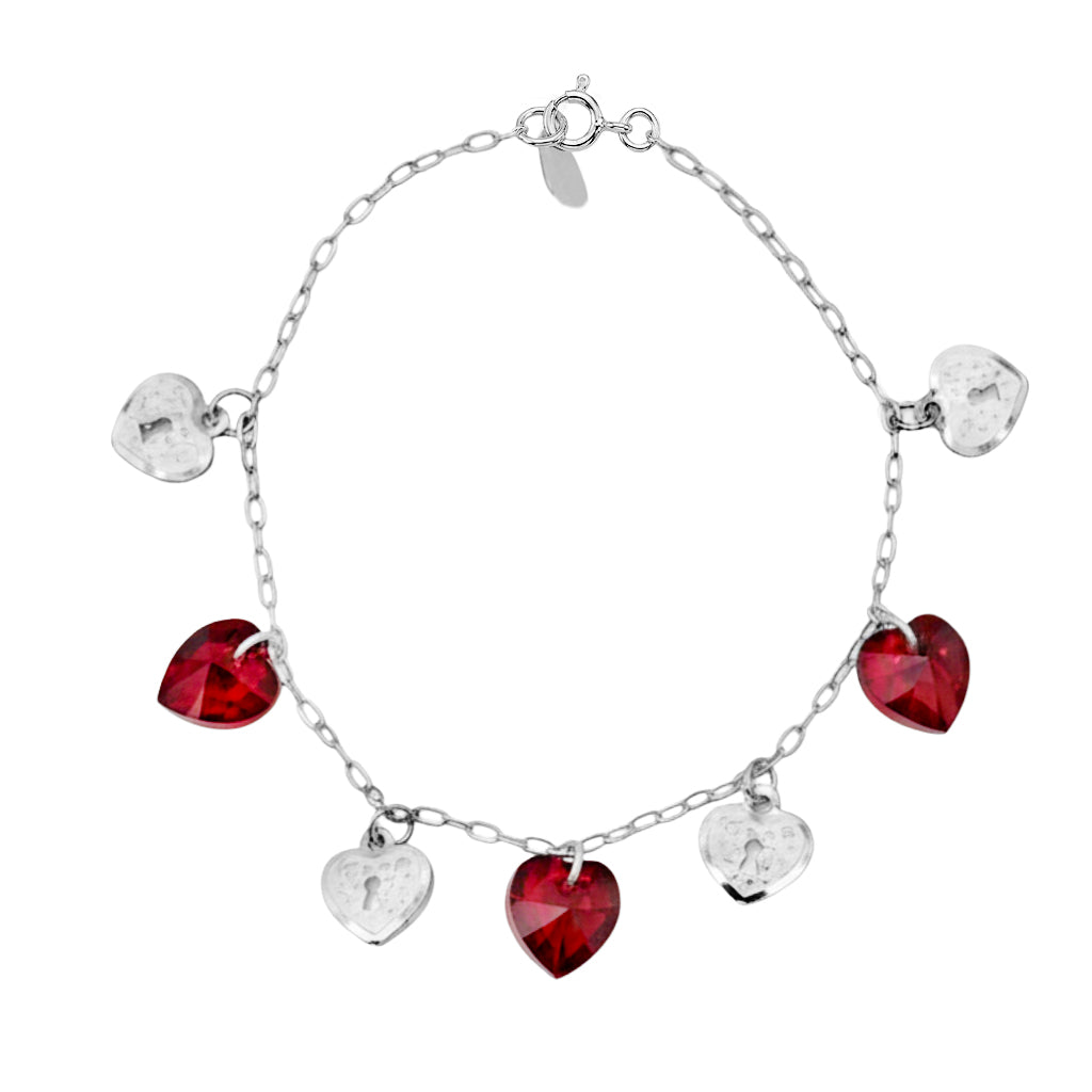 Pulsera Corazones Swarovski Rojos con Cadena Eslabones Plata .925
