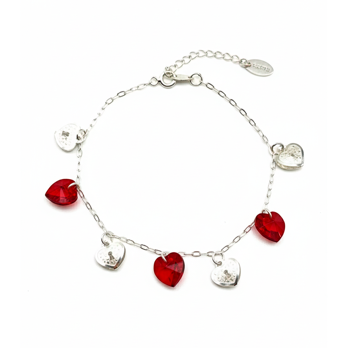 Pulsera Corazones Swarovski Rojos con Cadena Eslabones Plata .925