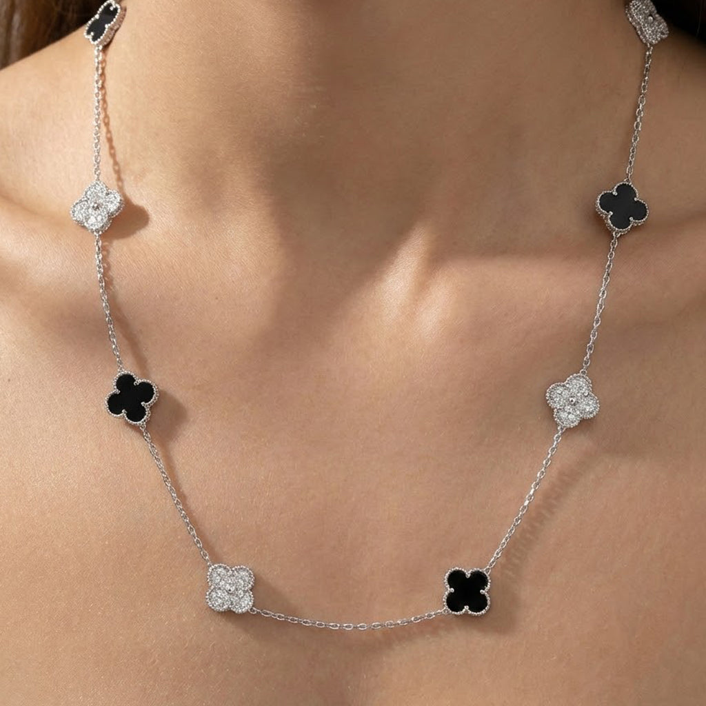 Collar Flores Inspirado Van C Piedra Onix y Micro Circonias Plata .925 con Baño de Rodio