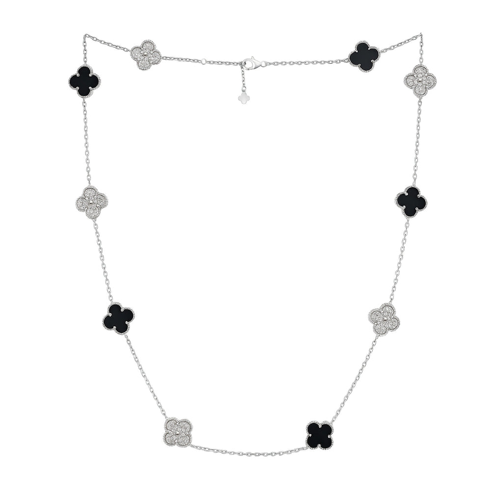 Collar Flores Inspirado Van C Piedra Onix y Micro Circonias Plata .925 con Baño de Rodio