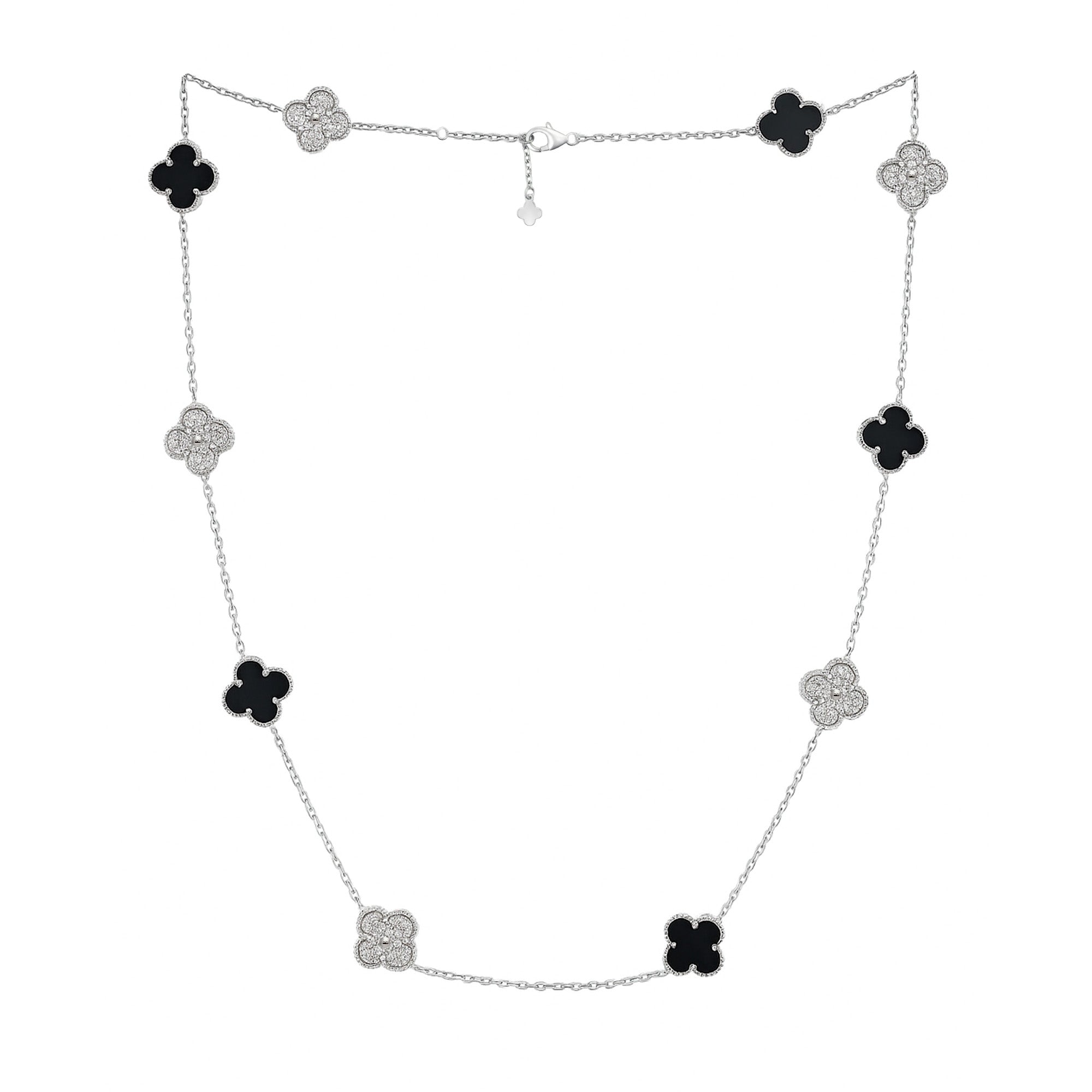 Collar Flores Inspirado Van C Piedra Onix y Micro Circonias Plata .925 con Baño de Rodio