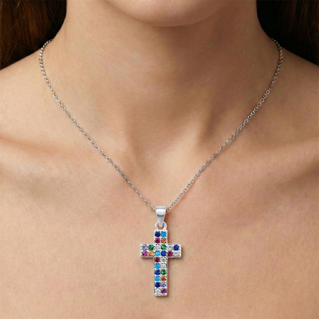 Dije de Cruz con Circonias Multicolor Plata .925