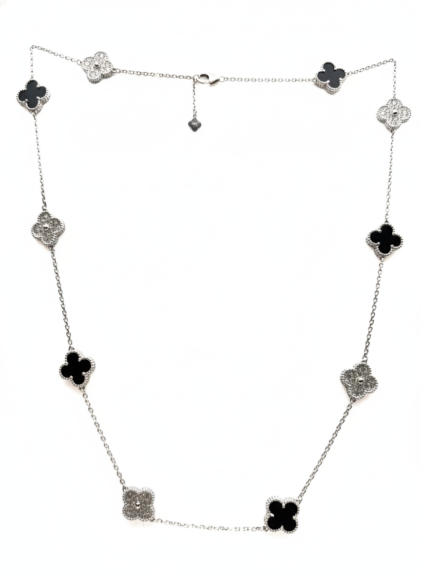 Collar Flores Inspirado Van C Piedra Onix y Micro Circonias Plata .925 con Rodio