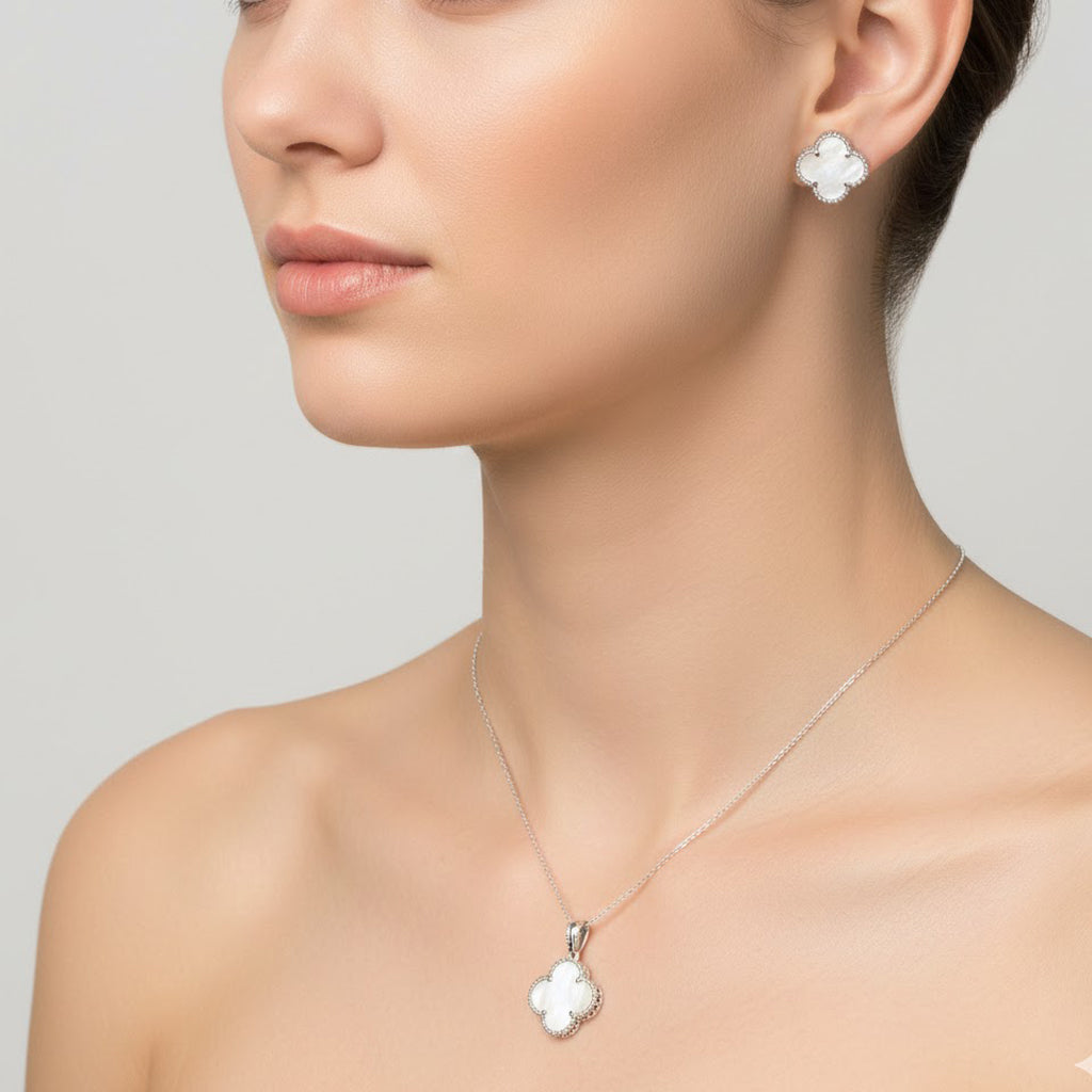 Juego Flor Inspirado Van C Grande Piedras Naturales Plata .925 con Baño de Rodio