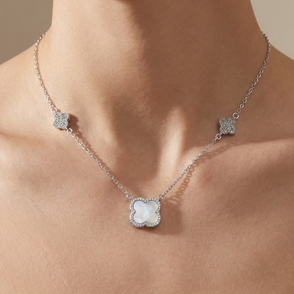 Collar Flores Inspirado Van C Piedras Naturales con Circonias Plata .925 con Baño de Rodio