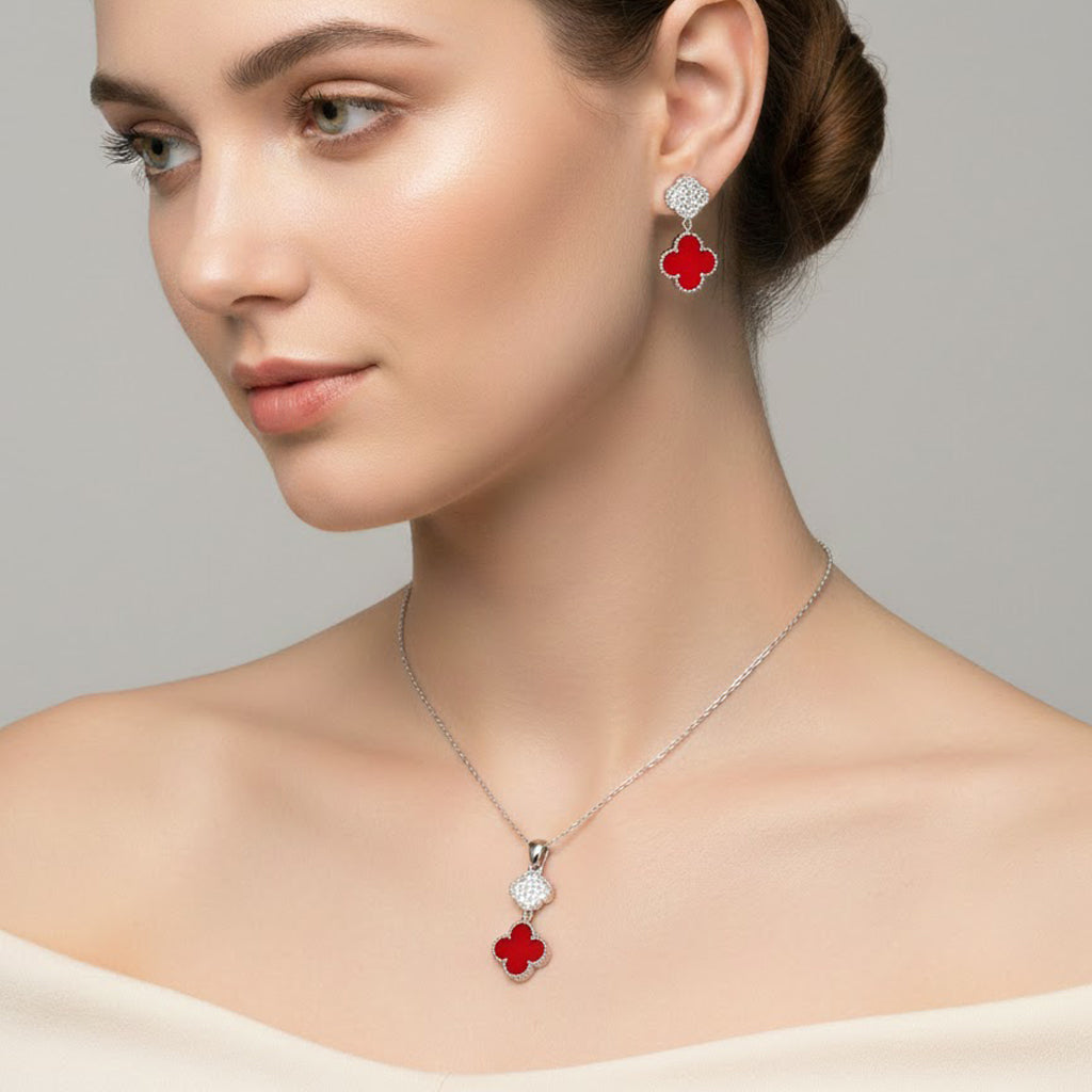 Juego Flor Chica Inspirado Van C Piedras Naturales con Micro Circonias Plata .925 con Baño de Rodio