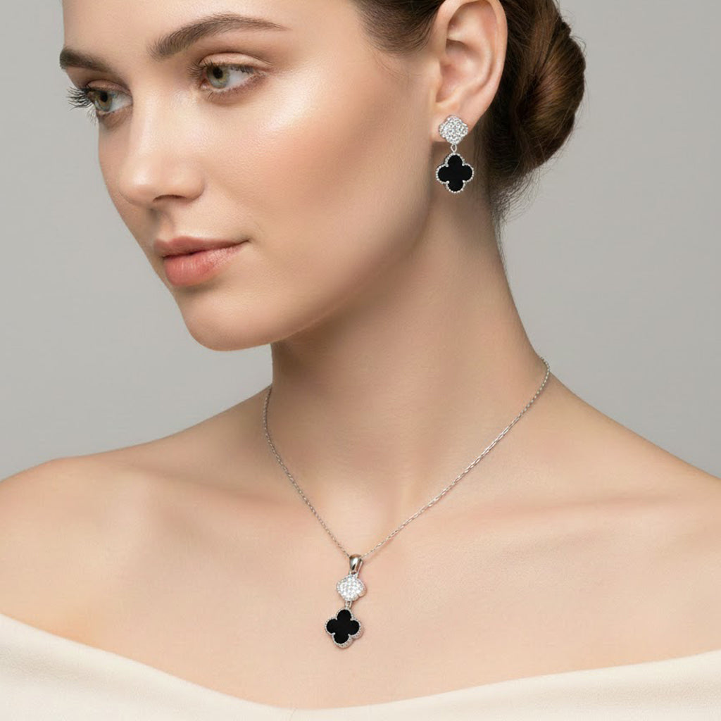 Juego Flor Chica Inspirado Van C Piedras Naturales con Micro Circonias Plata .925 con Baño de Rodio