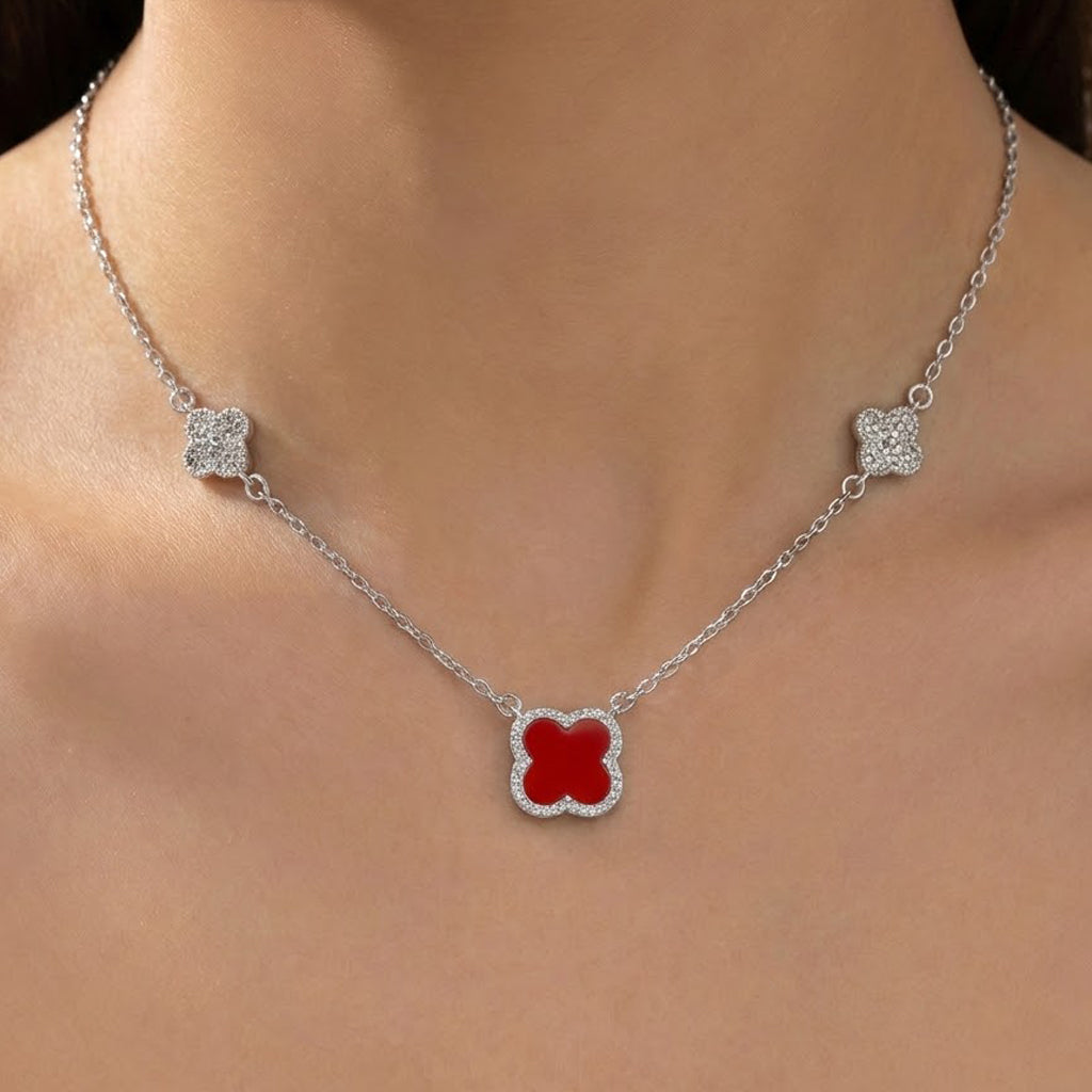Collar Flores Inspirado Van C Piedras Naturales con Circonias Plata .925 con Baño de Rodio