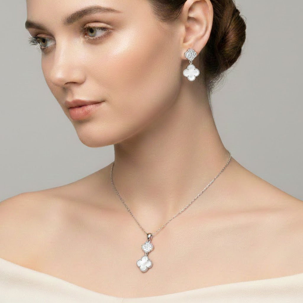Juego Flor Chica Inspirado Van C Piedras Naturales con Micro Circonias Plata .925 con Baño de Rodio