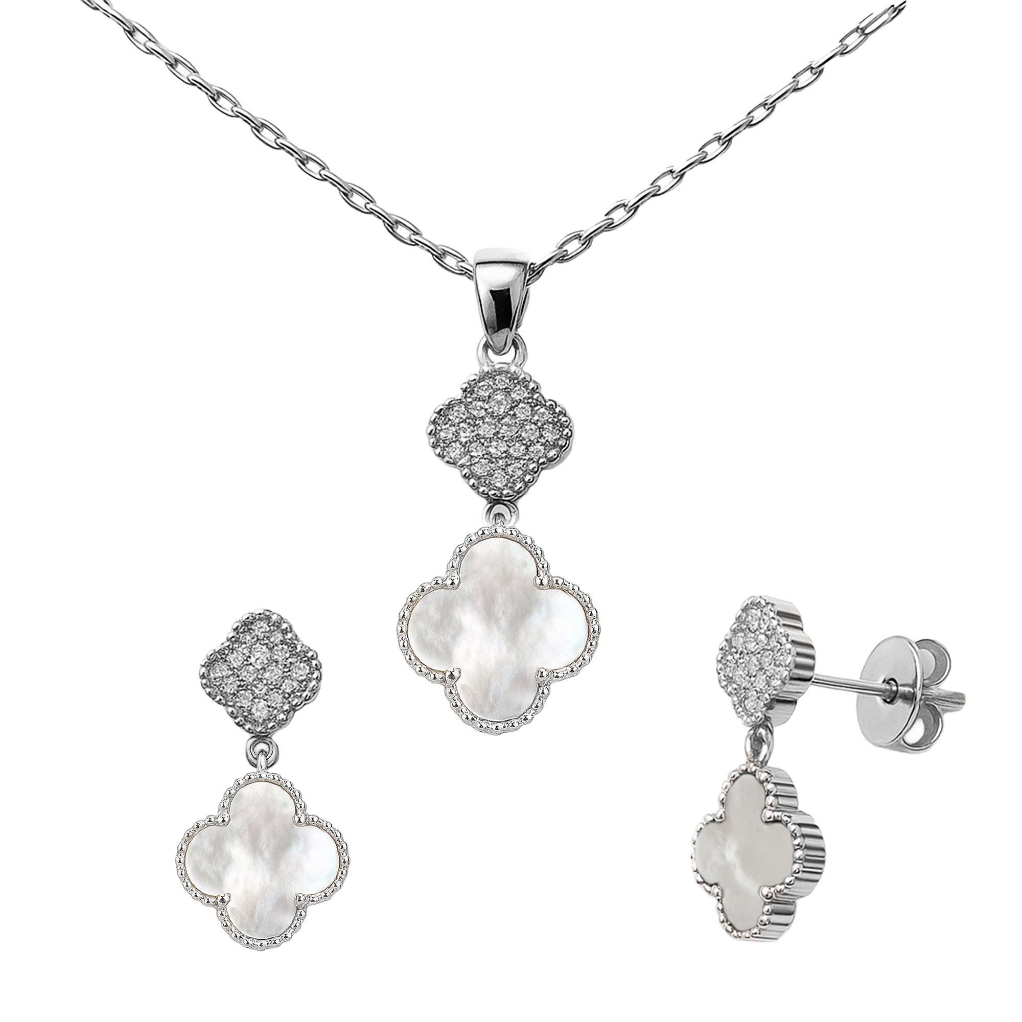 Juego Flor Chica Inspirado Van C Piedras Naturales con Micro Circonias Plata .925 con Baño de Rodio