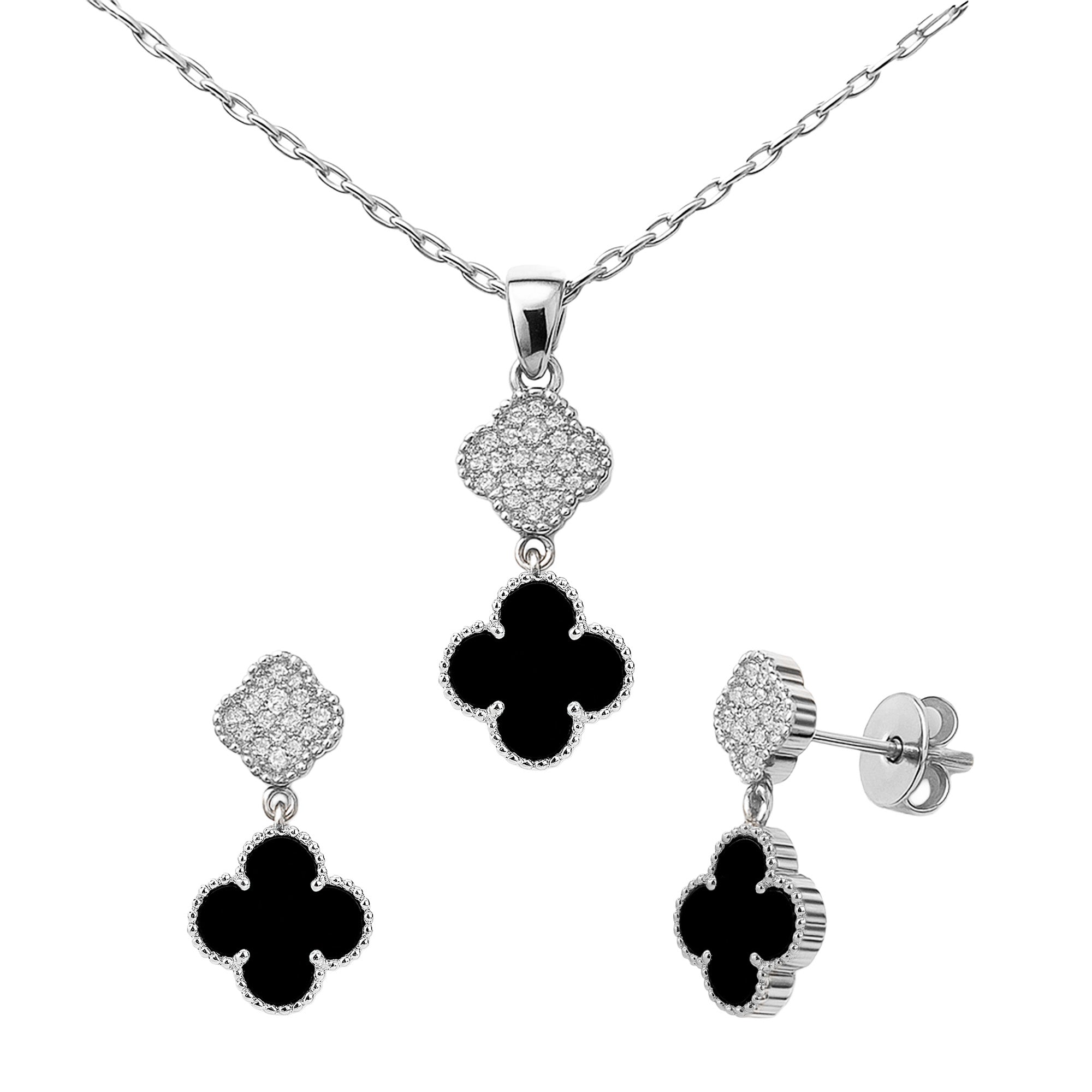 Juego Flor Chica Inspirado Van C Piedras Naturales con Micro Circonias Plata .925 con Rodio