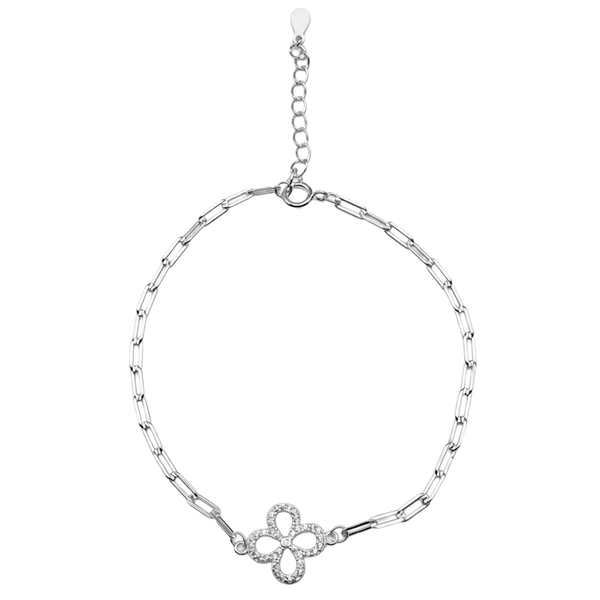 Pulsera Trebol con Micro Circonias y Cadena Paper Clip Plata .925
