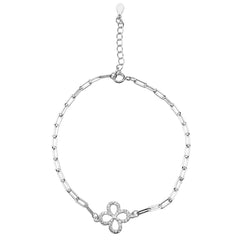 Pulsera Trebol con Micro Circonias y Cadena Paper Clip Plata .925