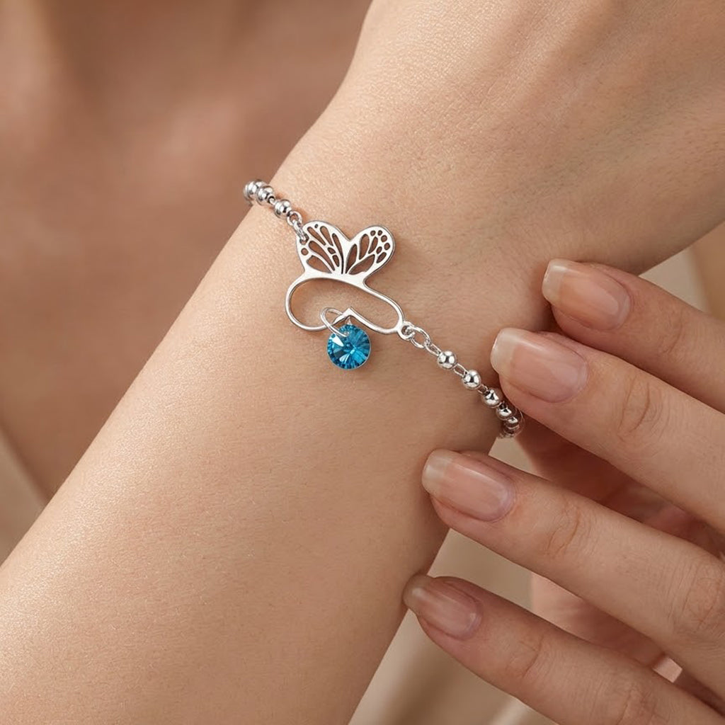 Pulsera Mariposa Calada con Swarovski Azul y cadena con Bolitas Plata .925