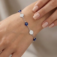 Pulsera con Dije de San Benito con Ojo Turco Azul Plata .925