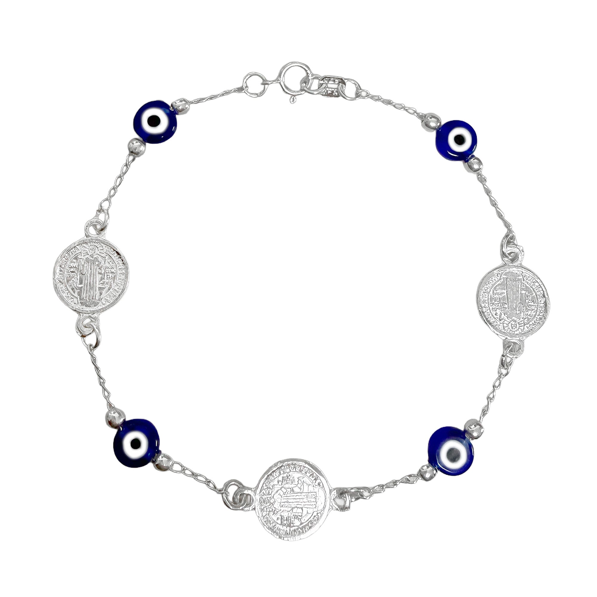 Pulsera con Dije de San Benito con Ojo Turco Azul Plata .925