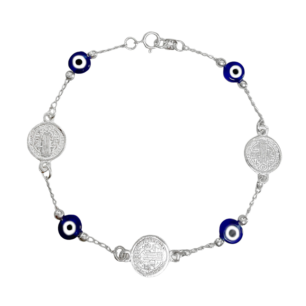 Pulsera con Dije de San Benito con Ojo Turco Azul Plata .925