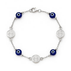 Pulsera con Dije de San Benito con Ojo Turco Azul Plata .925
