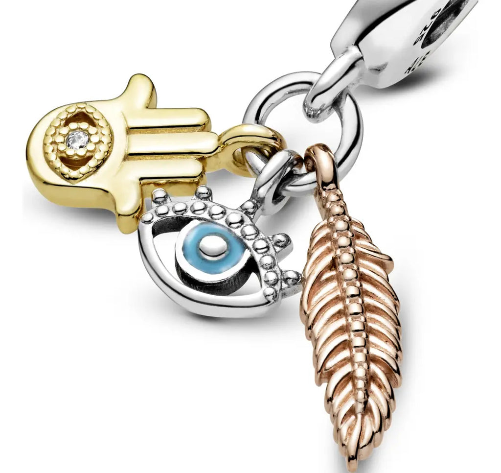 Charm Inspirado Pan 1:1 Mano de Fatima Dorada, Pluma y Ojo Turco, Plata .925