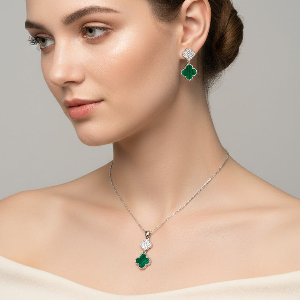 Juego Flor Chica Inspirado Van C Piedras Naturales con Micro Circonias Plata .925 con Baño de Rodio