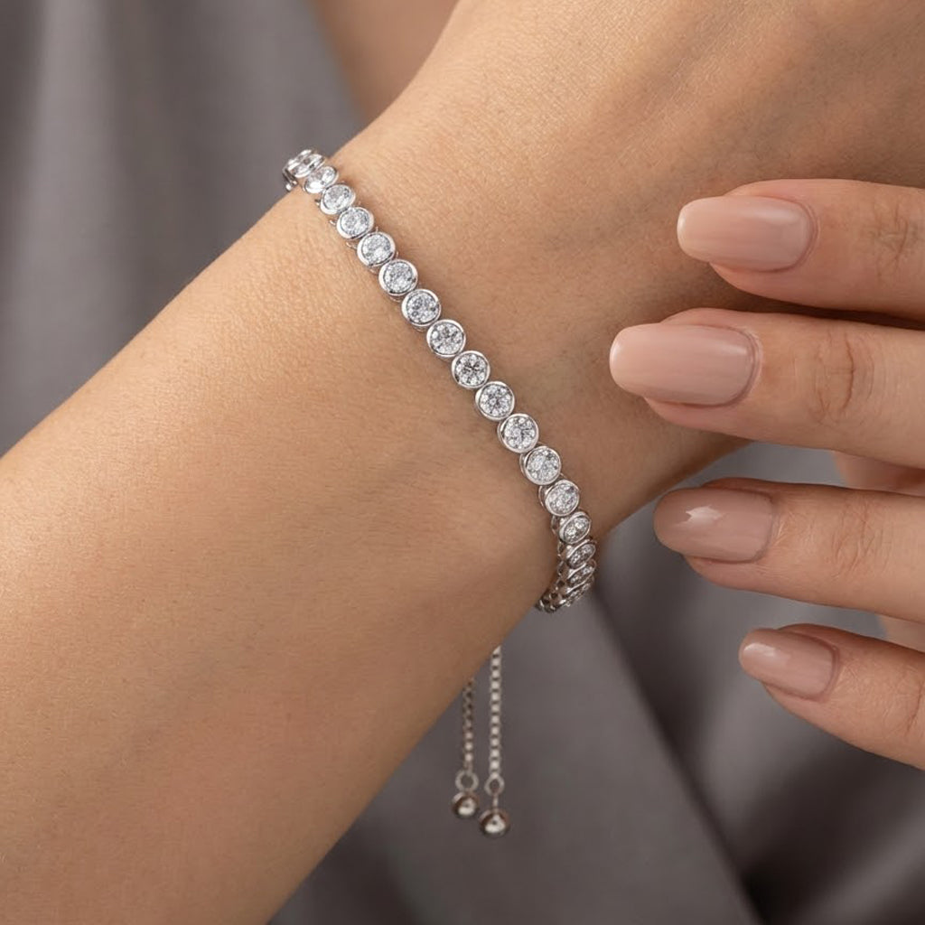 Pulsera Ajustable Circonias Biseladas Plata .925 con Baño de Rodio