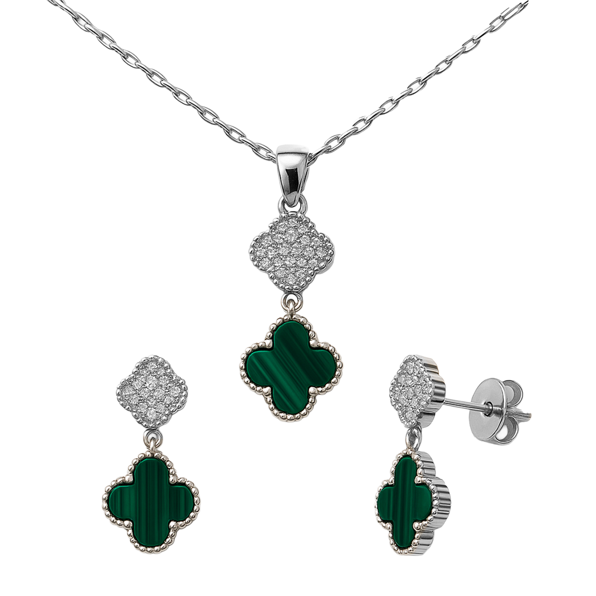 Juego Flor Chica Inspirado Van C Piedras Naturales con Micro Circonias Plata .925 con Baño de Rodio