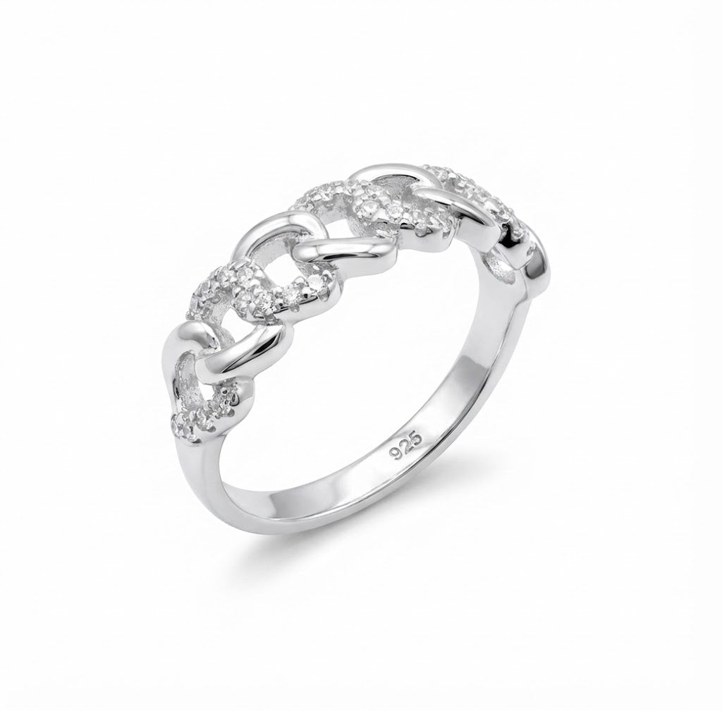 Anillo Eslabones con Micro Circonias Plata .925 con Baño de Rodio