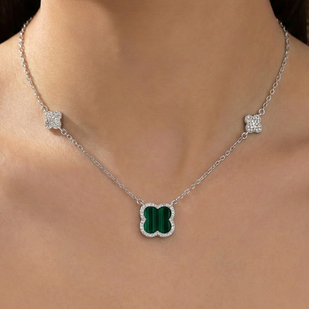 Collar Flores Inspirado Van C Piedras Naturales con Circonias Plata .925 con Baño de Rodio