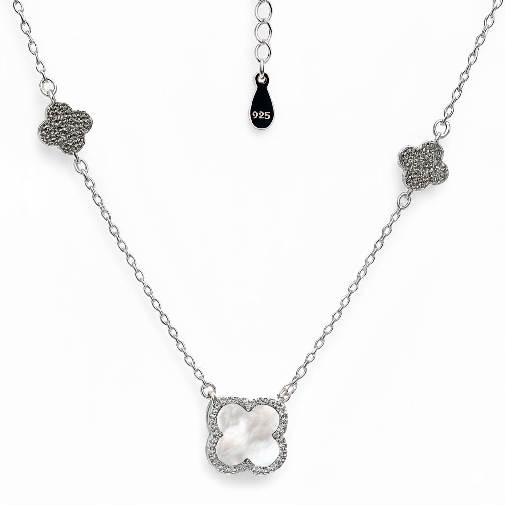 Collar Flores Inspirado Van C Piedras Naturales con Circonias Plata .925 con Baño de Rodio
