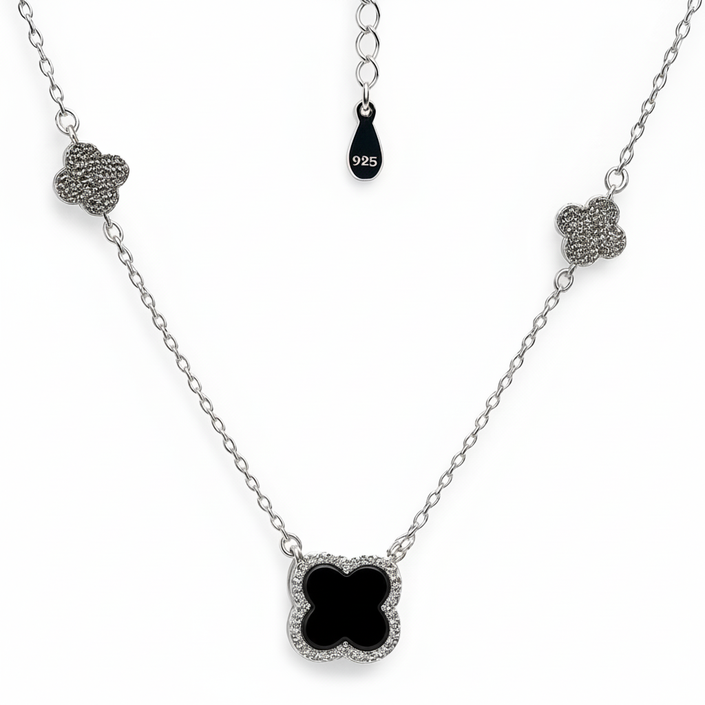 Collar Flores Inspirado Van C Piedras Naturales con Circonias Plata .925 con Baño de Rodio