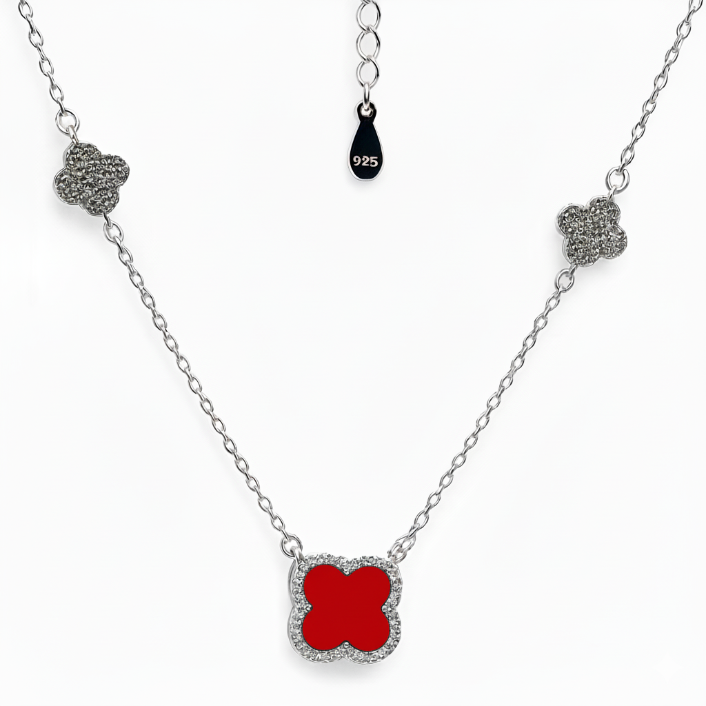Collar Flores Inspirado Van C Piedras Naturales con Circonias Plata .925 con Baño de Rodio