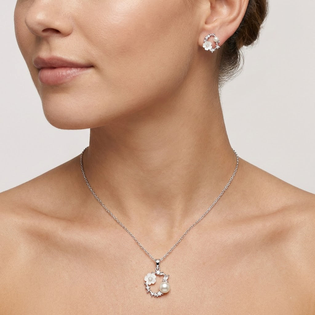 Juego Flor Perla Natural con Circonias Plata .925