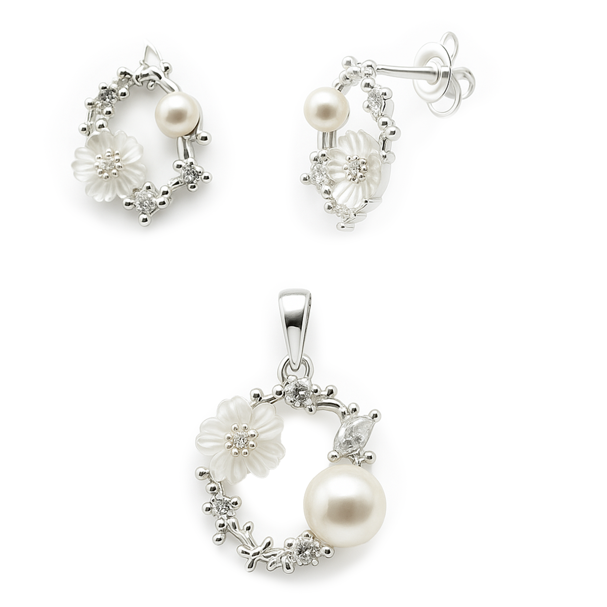 Juego Flor Perla Natural con Circonias Plata .925