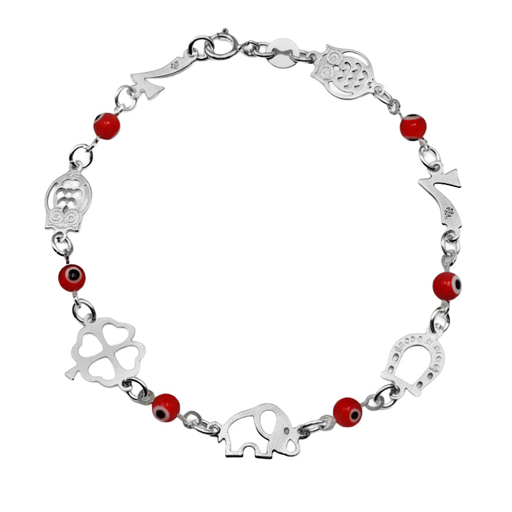 Pulsera con Dijes de la Suerte con Ojo Turco Rojo Plata .925