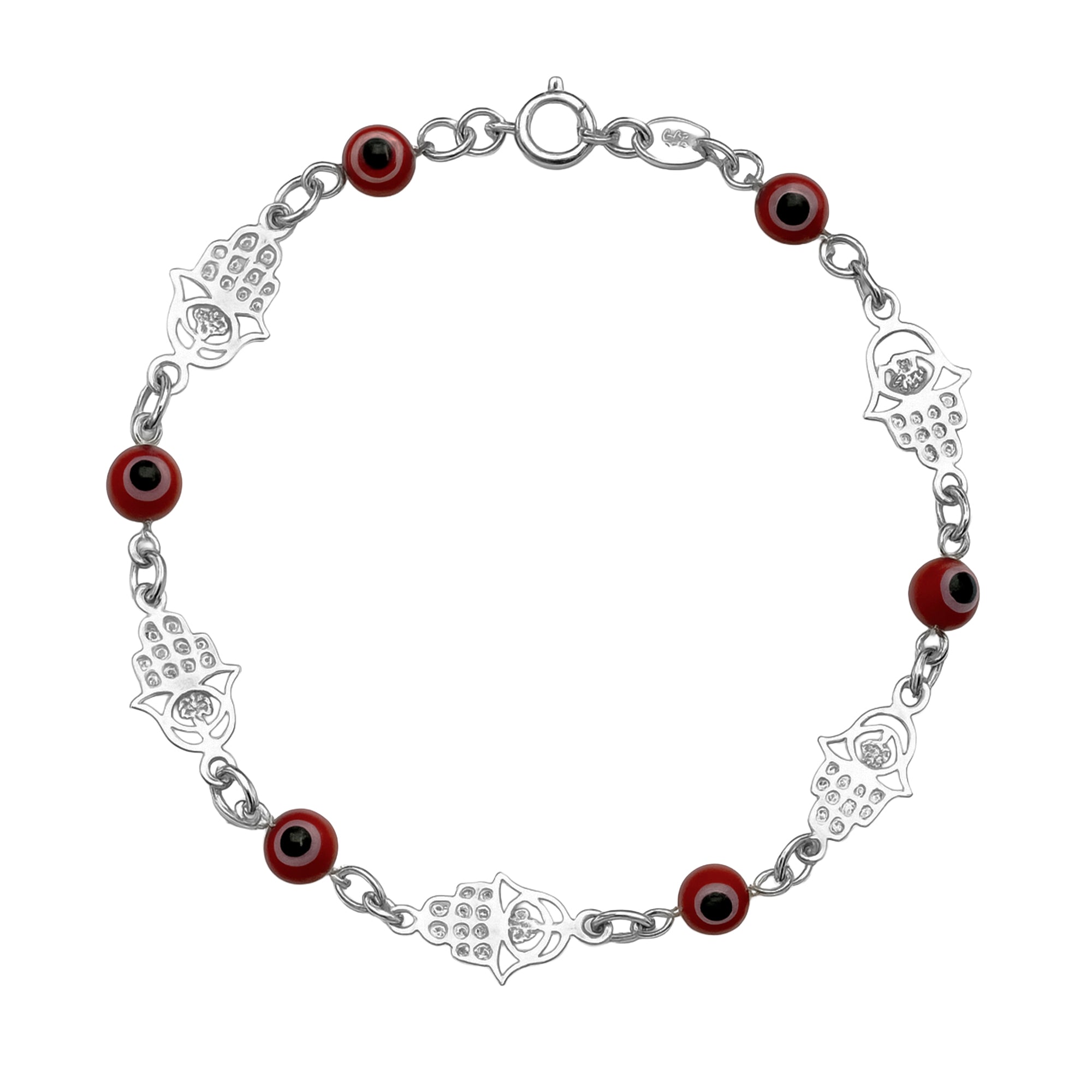 Pulsera Ojo Turco Rojo con Mano de Fatima Plata .925