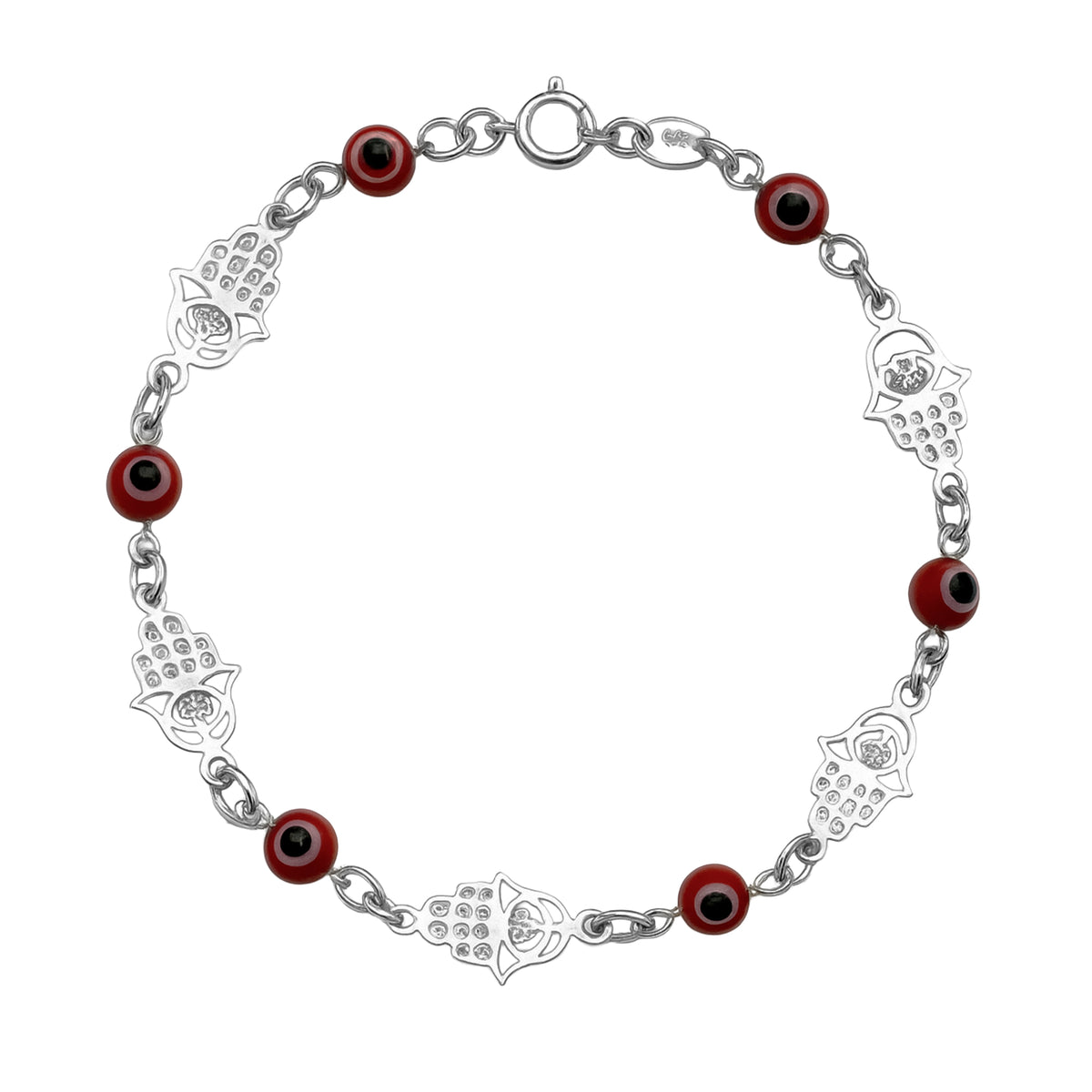 Pulsera Ojo Turco Rojo con Mano de Fatima Plata .925