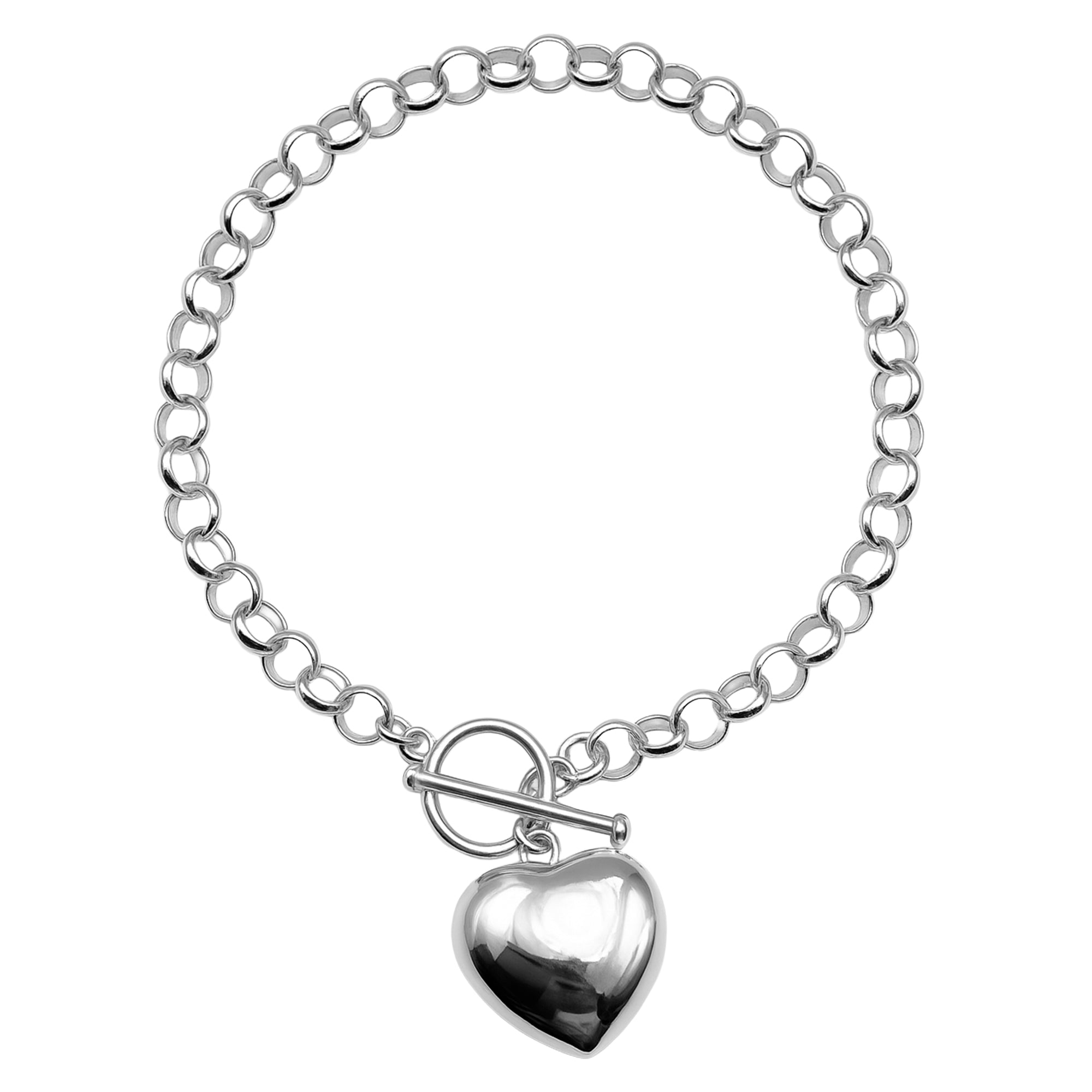 Pulsera Broche T Corazón Bombeado y Cadena Eslabones Plata .925