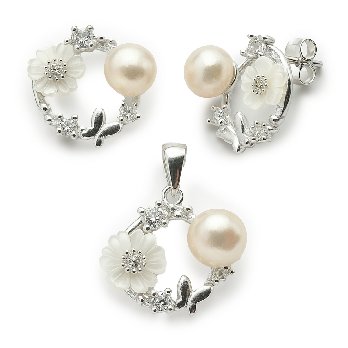 Juego Flor Perla Natural con Circonias Plata .925