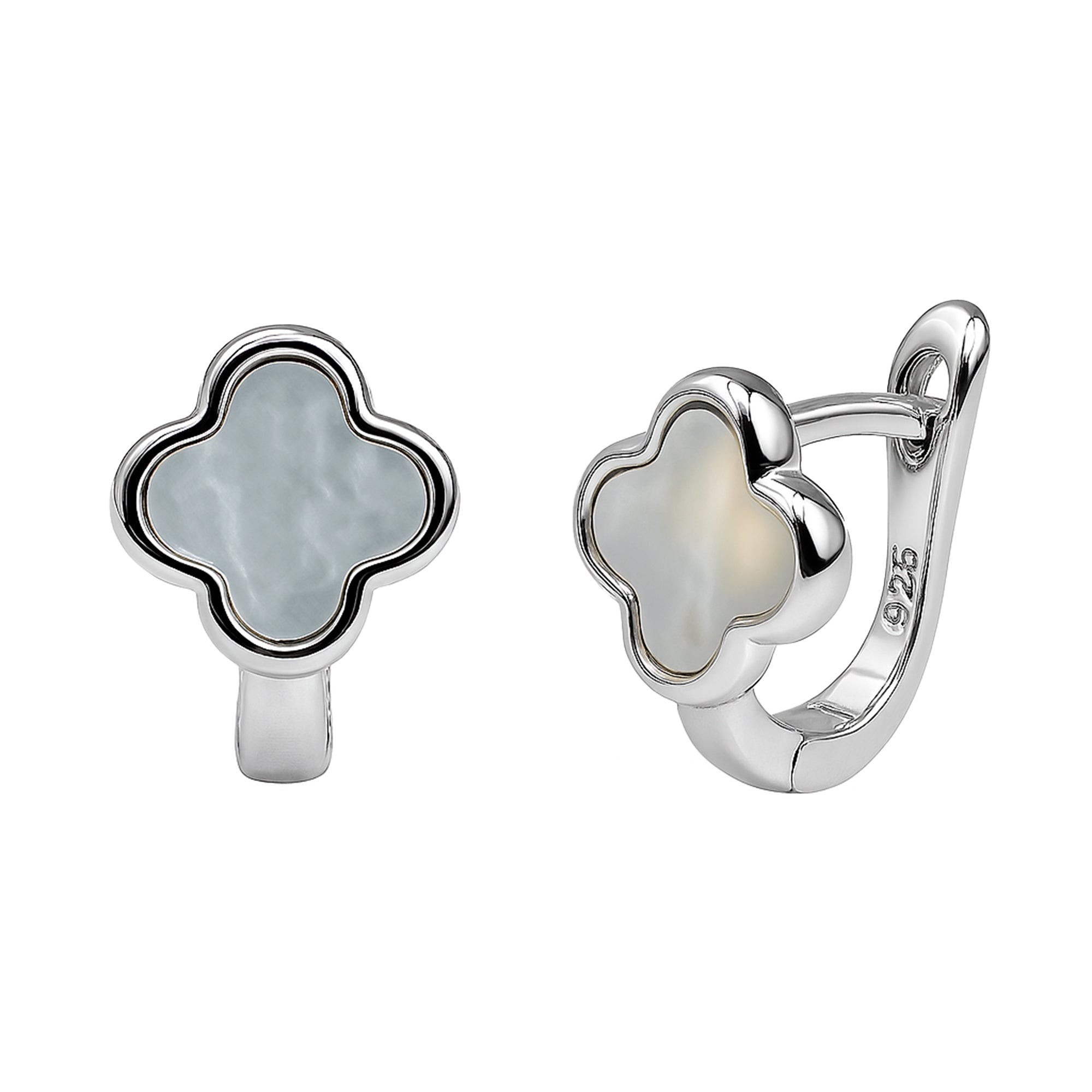 Arracada Huggies Flor Inspirado Van C Chico con Madre Perla Plata .925 con Baño de Rodio