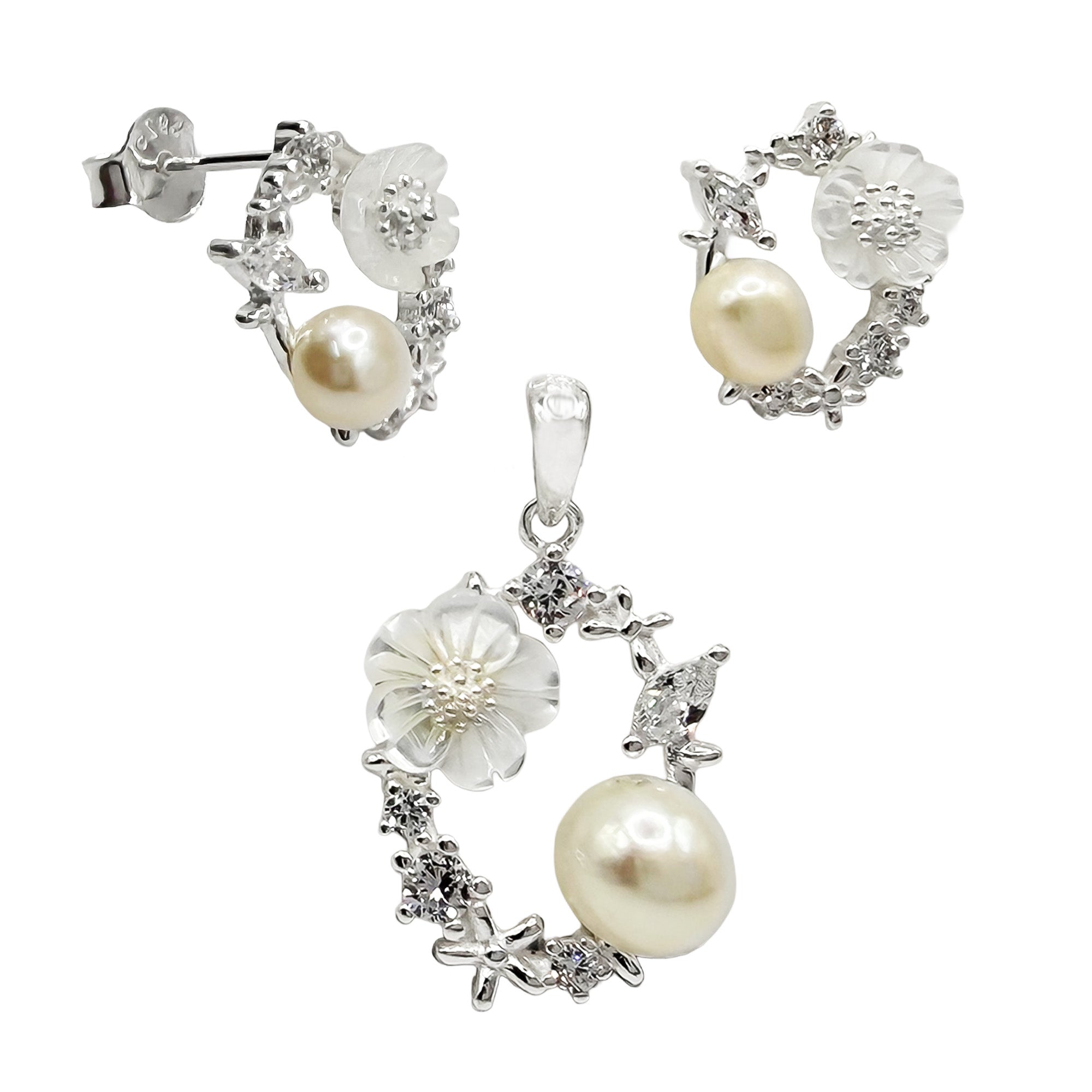 Juego Flor Perla Natural con Circonias Plata .925