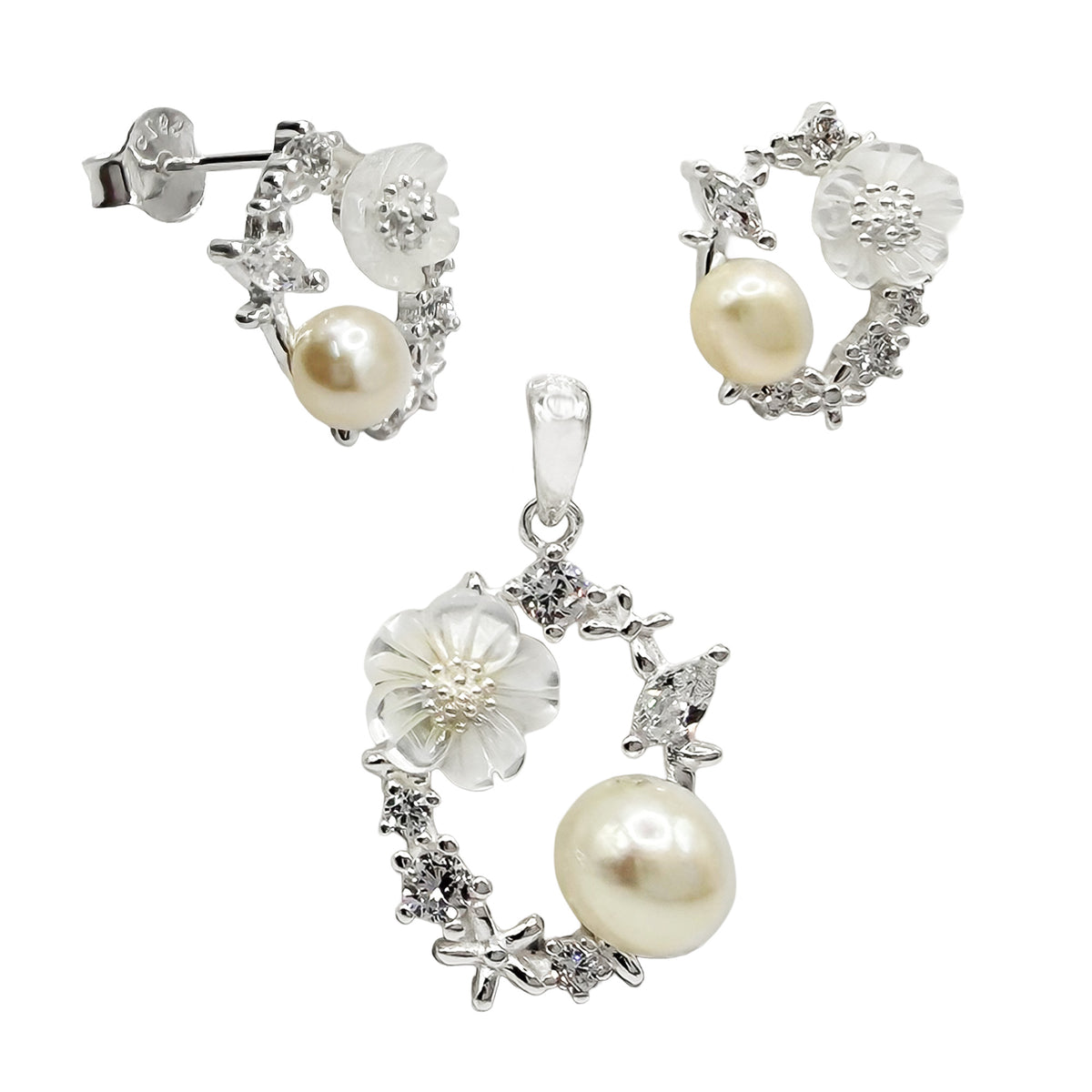Juego Flor Perla Natural con Circonias Plata .925