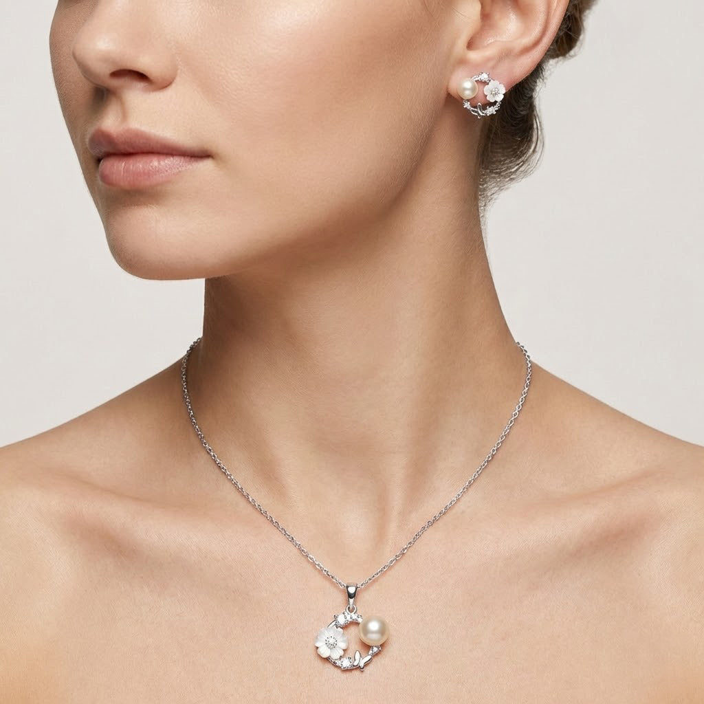 Juego Flor Perla Natural con Circonias Plata .925