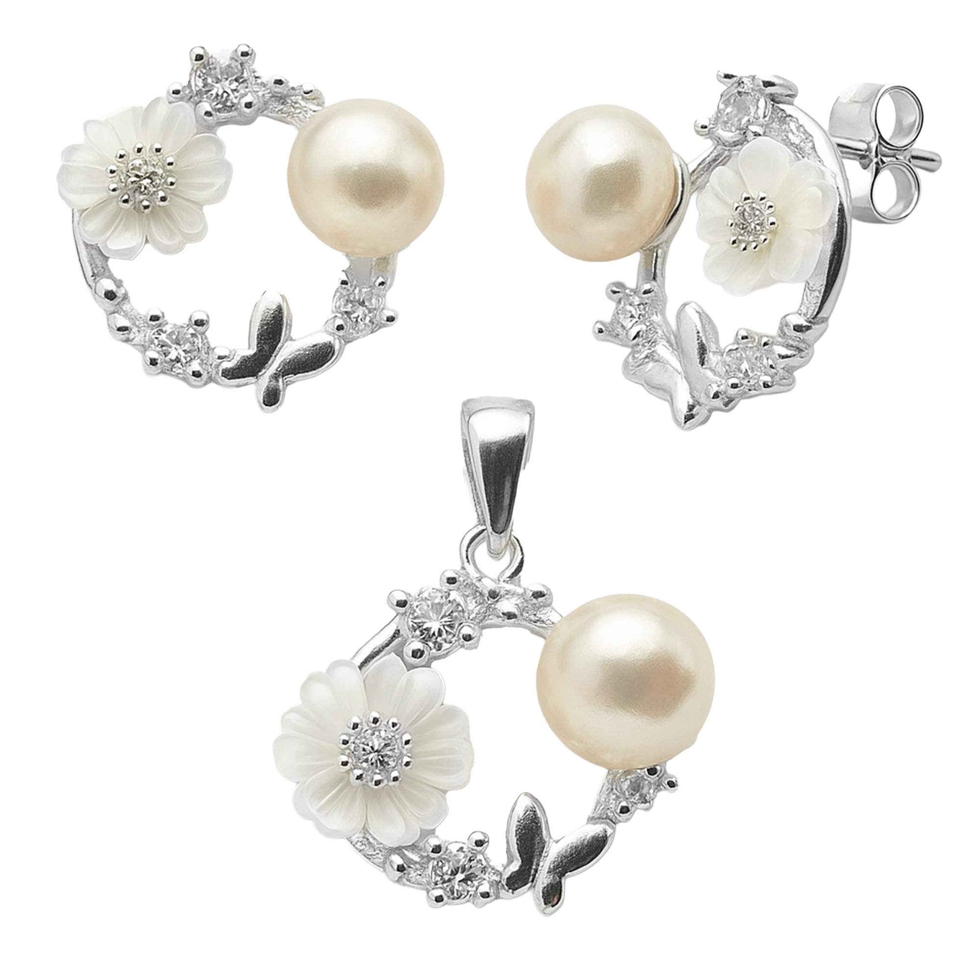 Juego Flor Perla Natural con Circonias Plata .925