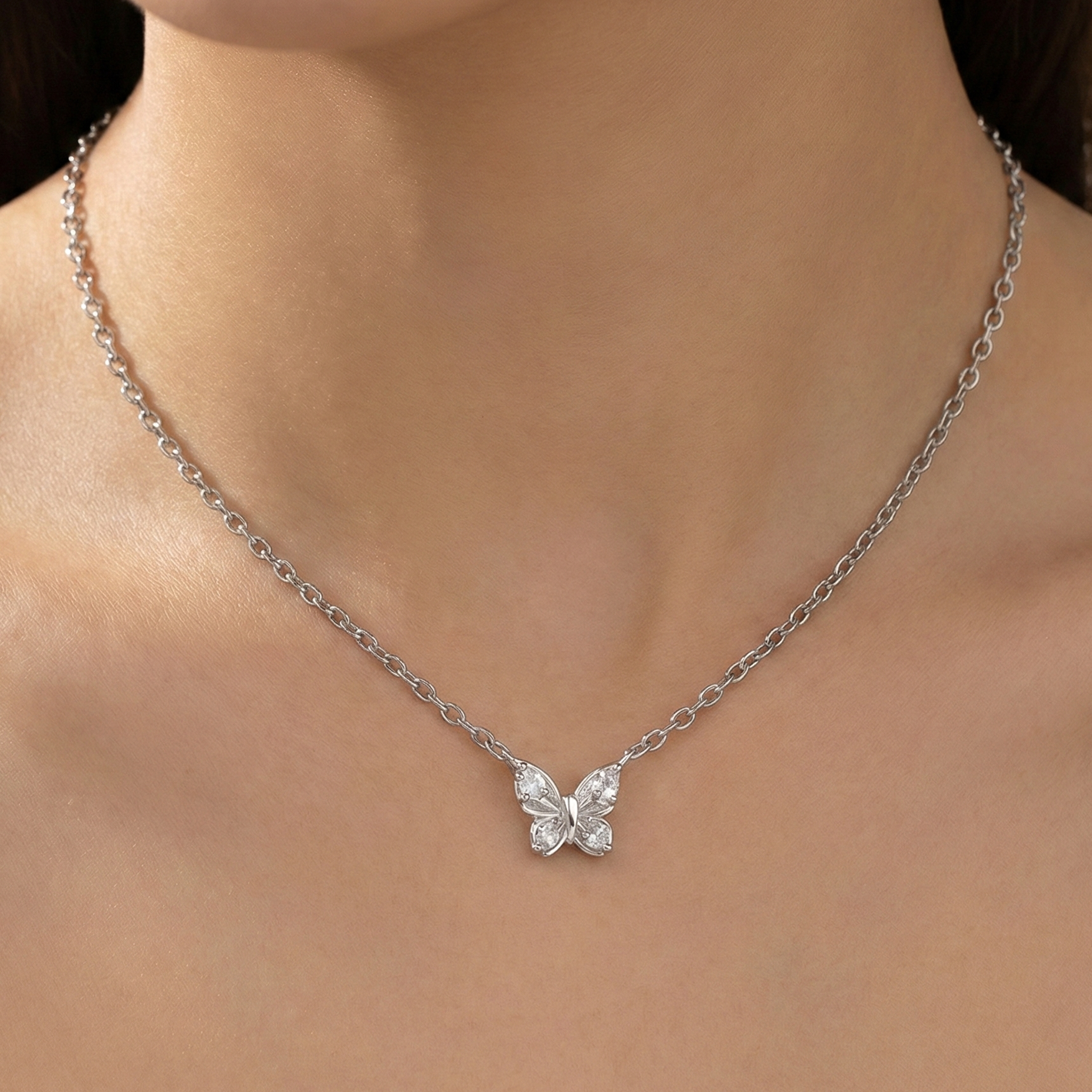 Collar Mariposa con Circonias y Cadena Eslabones Plata .925 con Baño de Rodio