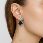 Arete Dos Flores Mediano Inspirado Van C Diamantada con Piedras Naturales Plata .925 con Baño de Rodio