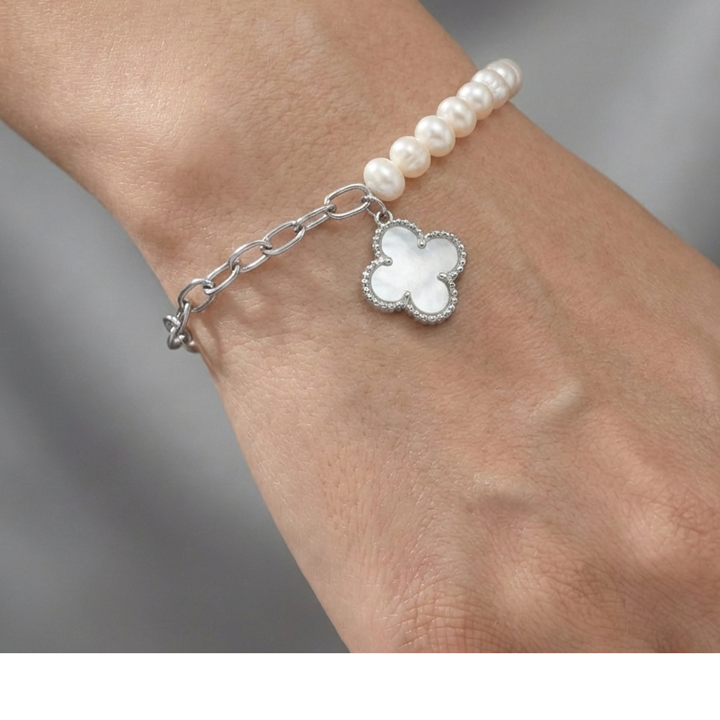 Pulsera Flor Inspirada Van C con Piedras Naturales Plata .925 con Baño de Rodio
