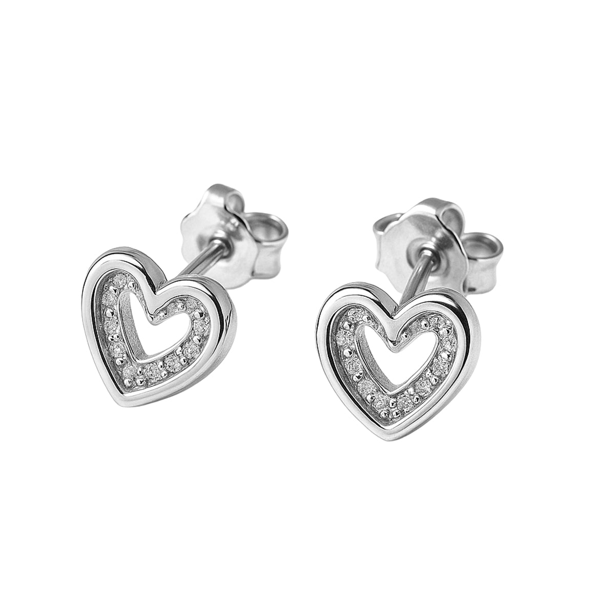 Arete Broquel Silueta doble Corazón con Micro Circonias Plata .925 con Baño de Rodio