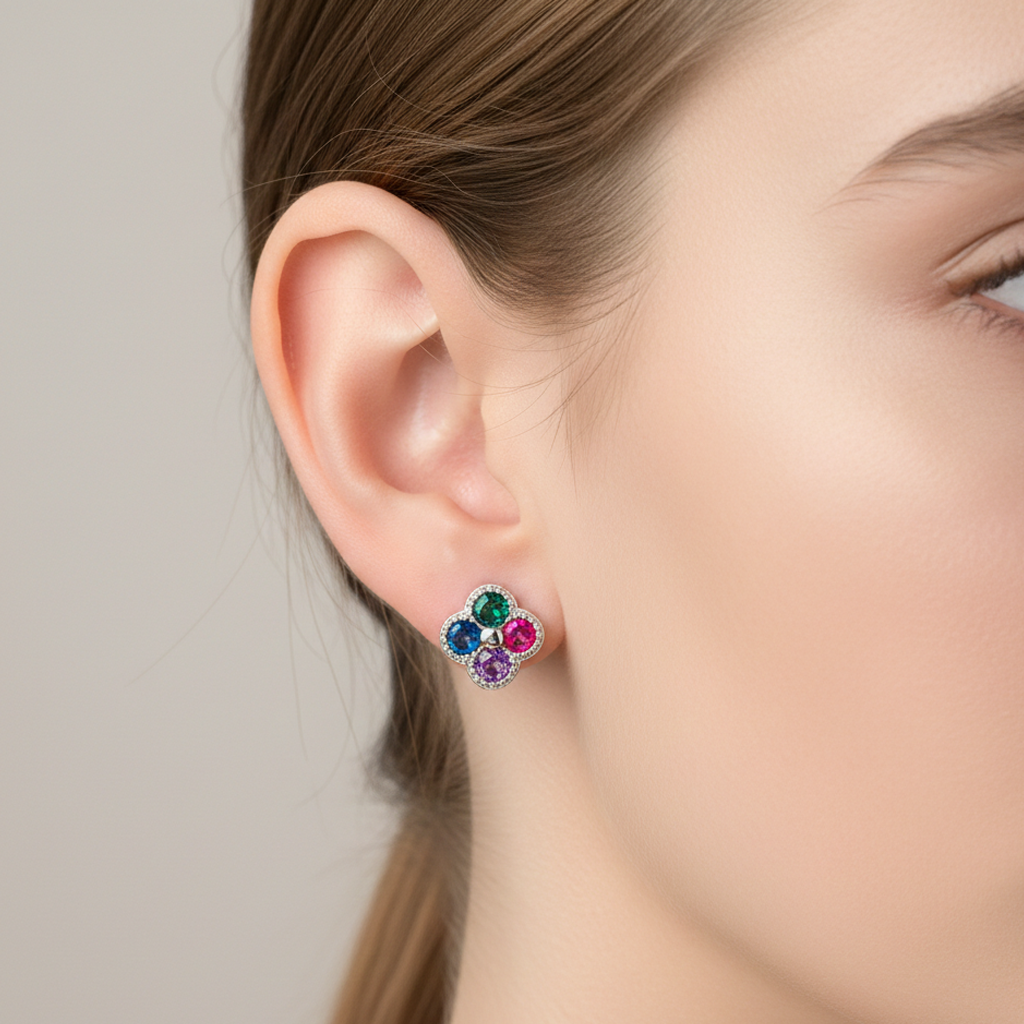 Arete Huggies Flor Multi Circonias Plata .925
