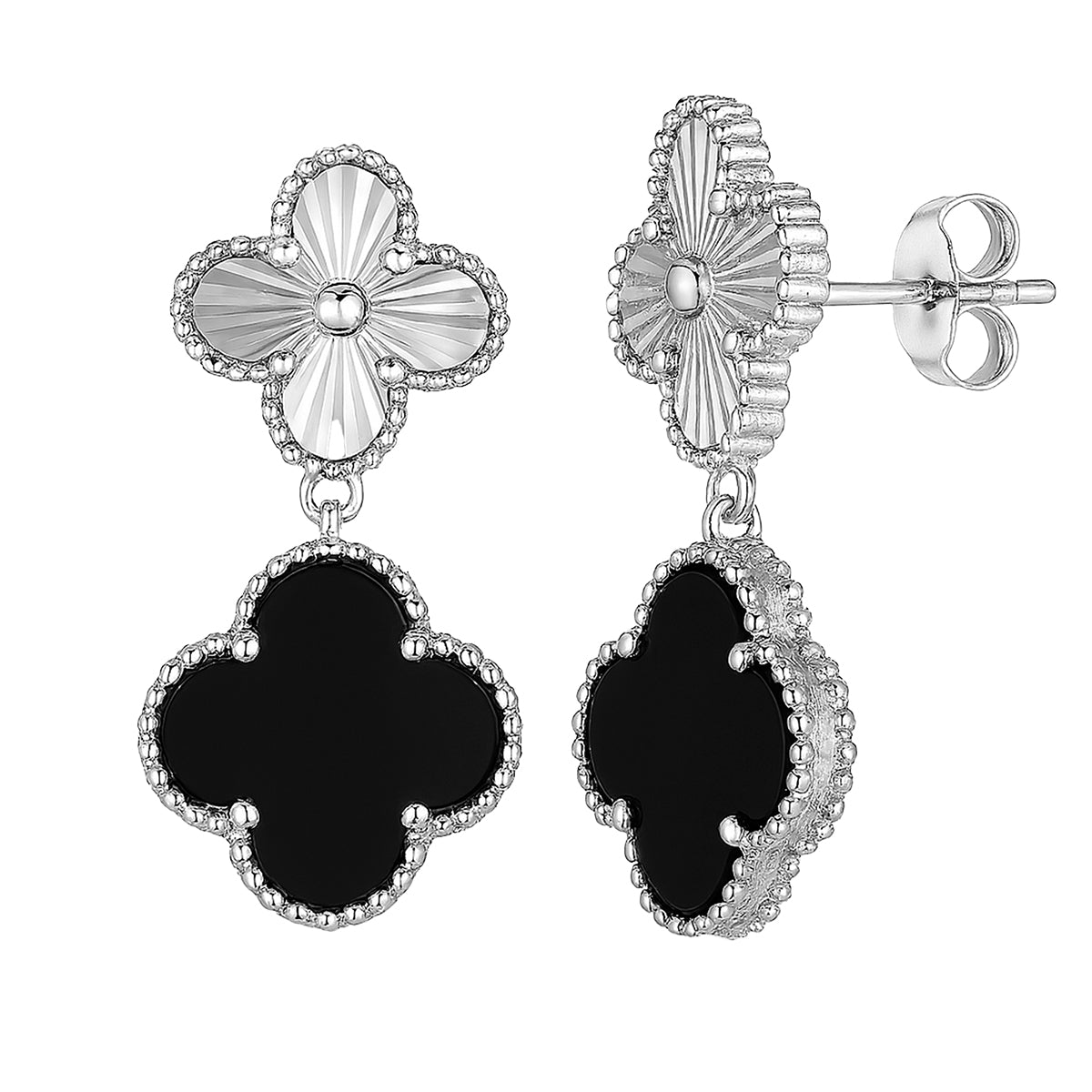 Arete Dos Flores Mediano Inspirado Van C Diamantada con Piedras Naturales Plata .925 con Baño de Rodio